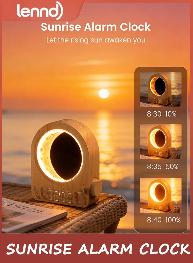 LENND Sunrise Alarm Clock, White Noise Machine & Meteor Moonlight - 10 Soothing Sounds, Dual Alarms, 30/60/90min Timer, Easy Snooze - Bedroom Gift for Insomnia Adults/Women - Wood Grain - Image 3